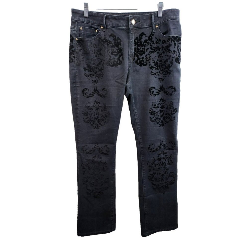 Cartise Womens Black‎ Denim Velvet Paisley Jeans Size 12 High Rise Straight Leg